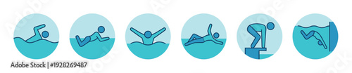 Six blue swimming and diving icons showing different strokes, a starting block, and a flip turn in a clean, minimalist vector illustration style for sports concepts