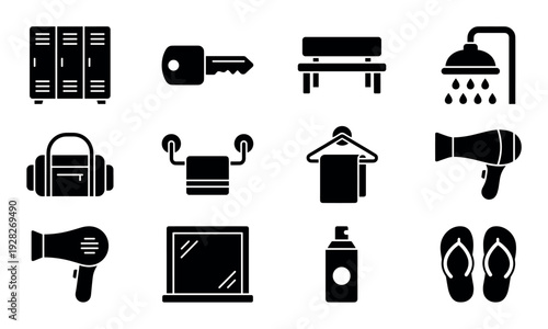 Set of twelve black glyph icons representing gym, fitness, and locker room equipment and accessories in a simple, minimalist solid silhouette style for web and mobile