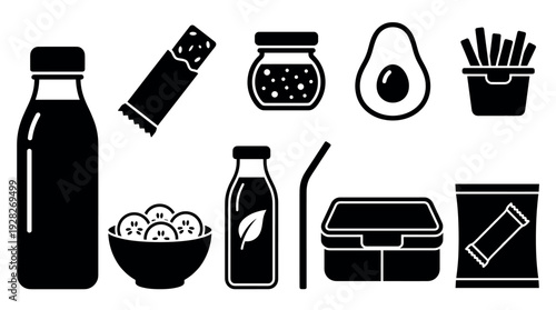 Collection of black food and snack icons for healthy eating concepts, featuring a lunch box, bottle, avocado, and fruit bowl in a simple minimalist glyph style