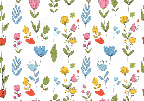 Vibrant floral watercolor vector pattern with blooming spring elements
