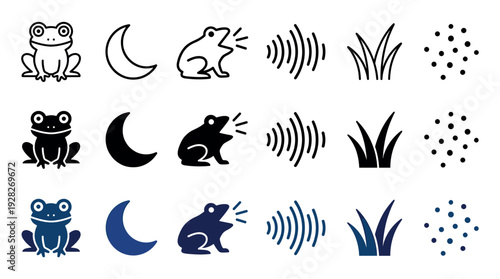 Collection of frog and night-themed icons featuring a croaking amphibian, crescent moon, sound waves, and grass in outline, solid glyph, and blue color variations