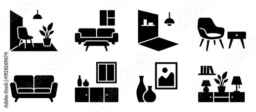 Set of black solid glyph icons for home furniture and interior design, featuring a sofa, chair, table, lamp, and decor for a modern living room concept