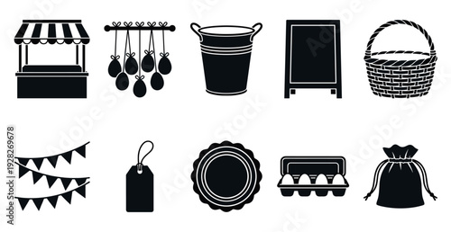 Set of farmers market silhouette icons with a stall, hanging produce, bucket, sign, basket, flags, tag, label, eggs, and sack for graphic design elements