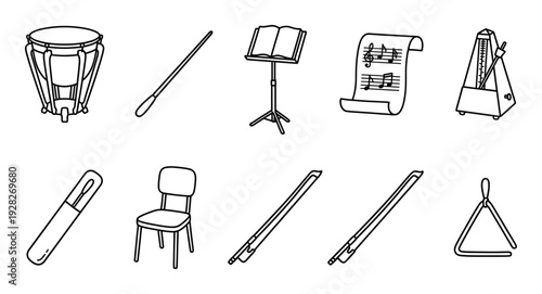 Collection of black line art orchestra icons including a timpani, conductor's baton, music stand, metronome, and triangle in a minimalist doodle style illustration set