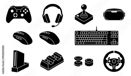 Black silhouette icon set of gaming peripherals and accessories including a gamepad, headset, joystick, VR goggles, keyboard, mouse, console, and a racing wheel for gamers