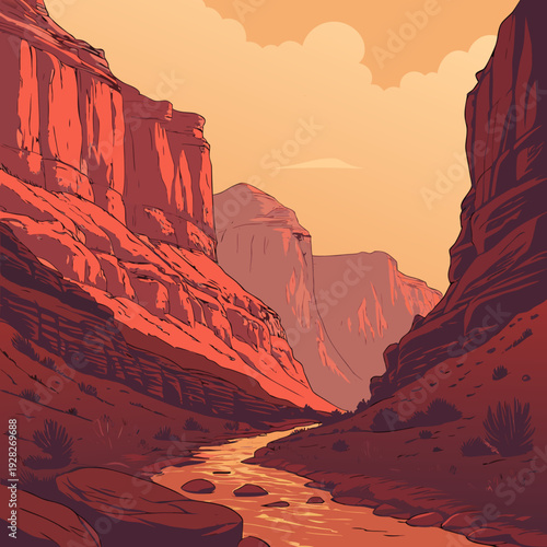 Warm sunset illustration of a tranquil river flowing through a deep canyon with colorful rock strata.
