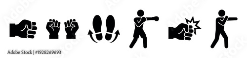 Set of black boxing and fighting icons showing a clenched fist, a powerful punch, footwork movement, and a stick figure boxer in various poses for training or combat