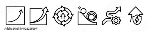 Set of black line icons representing business growth, continuous improvement, and strategic development, featuring minimalist pictograms for concepts like progress and efficiency
