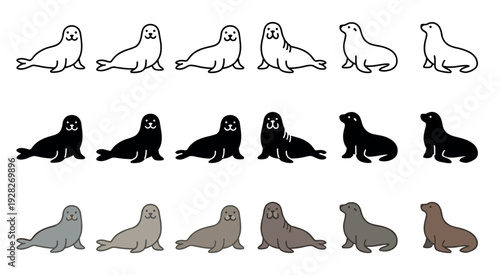 Collection of cute cartoon seal illustrations in various styles including outline, silhouette, and color, depicting the charming marine animals in different simple poses