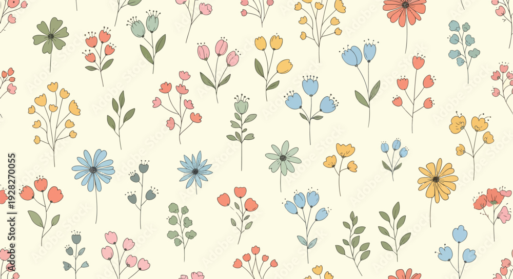 Fototapeta premium Artistic hand-painted botanical vector pattern with colorful watercolor blossoms