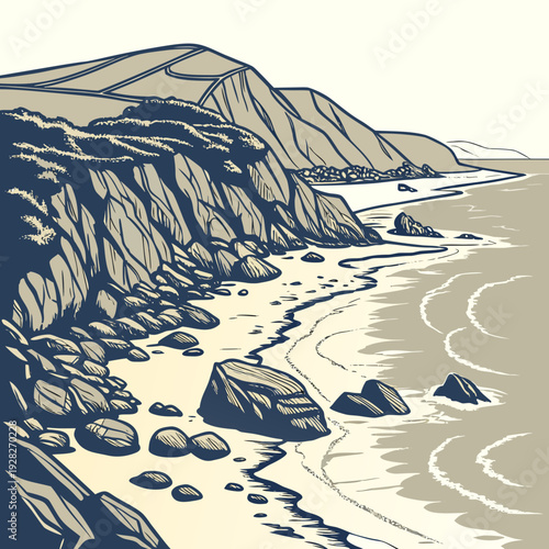 Stylized vintage illustration of a dramatic coastline with cliffs, rocky shore, and gentle ocean waves.