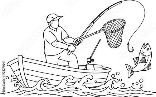 Black and white vector line art of a fisherman in a boat catching a big fish with a net and rod