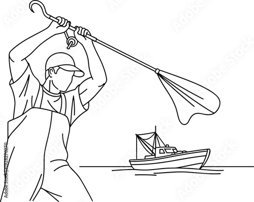 Black and white vector line art illustration of a commercial fisherman using a gaff hook with a fishing boat background silhouette