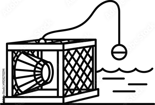 Black and white vector line art illustration of a metal lobster trap or fish cage with a buoy floating on water