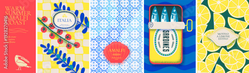 Amalfi summer pattern with yellow citrus lemons and blue mediterranean sea tiles. Vintage italian postage stamp illustration with sardine, tomato and nautical shell icons. Retro coastal travel posters