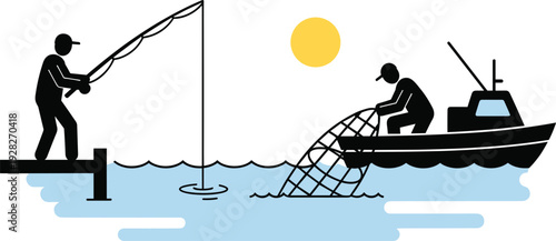 Flat vector illustration of a fisherman on a wooden dock and a fisher in a motor boat using a large net
