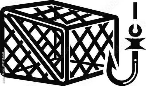 Black and white vector illustration of a rectangular wire mesh fishing trap box with a large sharp metal hook and line