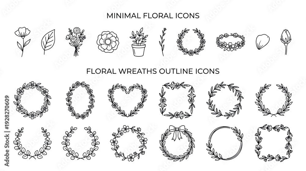 Fototapeta premium Collection of hand-drawn floral icons and wreaths in a minimalist black line art style, featuring flowers, leaves, bouquets, and decorative botanical frames for design