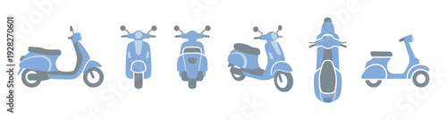 Set of blue retro scooter illustrations showing the moped from multiple angles including front, back, side, top, and three-quarter views in a flat minimalist style
