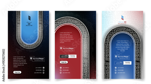 Social media post template with mosque dome and islamic pattern background for eid mubarak campaign