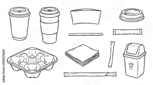 Hand-drawn set of coffee to-go items including disposable cups, a carrier tray, lid, sleeve, sugar packets, and a trash can in a black and white line art sketch style