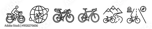 Bicycle touring and travel line icon set showing a cyclist with luggage, a globe, bikepacking gear, a road bike, mountains, and a compass for adventure concepts