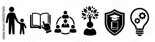 Set of black education and development icons showing parenting, learning, teamwork, personal growth, academic achievement, and innovation presented in a clean, minimalist style