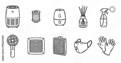 Collection of hand-drawn air quality and hygiene icons including a purifier, filter, humidifier, mask, fan, and gloves in a minimalist black and white line art doodle style