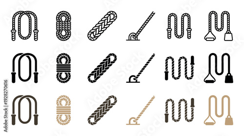 Collection of various rope icons for fitness and sport, including jump ropes, climbing ropes, and battle ropes presented in line art, silhouette, and color styles