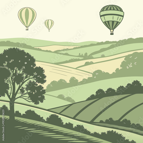 Rolling green hills and fields under a pale sky, with three hot air balloons floating serenely above a lone tree and distant forest.