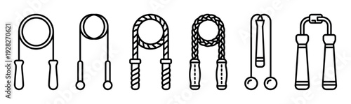 Set of different jump rope icons showing various handle grips and rope textures in a simple black and white line art style for fitness and cardio workout concepts