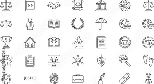 Law and Justice Icon Set Featuring Scales Gavel Legal Books Courthouses Handshakes Fingerprints Briefs and Symbols of Fairness for Jurisprudence