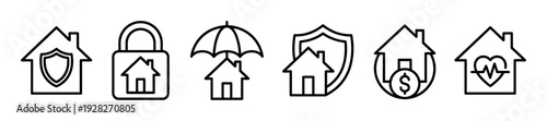 Set of black outline icons representing home insurance, security, finance, and property protection concepts with minimalist symbols like a shield, lock, umbrella, and heart