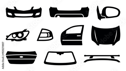Collection of black car body parts icons including a bumper, door, hood, and headlight, presented as a graphic set for automotive service and repair concepts