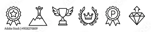 Set of black line icons representing success, achievement, and victory, including a winged trophy, star medal, laurel wreath with crown, and a premium quality diamond symbol