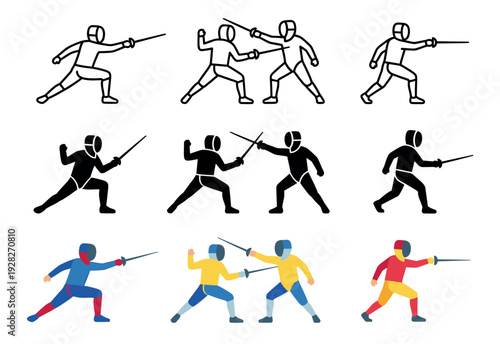 Fencing sport icon collection with athletes dueling and lunging, illustrated in three distinct styles: simple line art, bold black silhouette, and modern flat color design