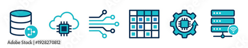 Set of blue technology icons representing data, cloud computing, servers, and processing in a clean flat vector style for information technology and big data concepts