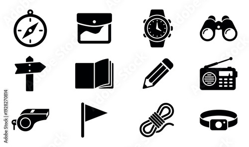 Set of black camping and hiking icons featuring a compass, map, watch, binoculars, signpost, book, pencil, radio, whistle, flag, rope, and headlamp for outdoor adventure