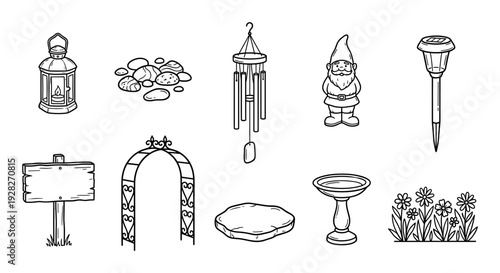 Set of ten hand-drawn garden object doodles including a lantern, pebbles, wind chime, gnome, solar light, sign, arch, stepping stone, bird bath, and flowers in a line art style