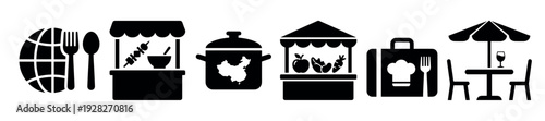 Collection of black silhouette food icons representing international cuisine, street food, Asian cooking, fresh market produce, culinary travel, and outdoor restaurant dining