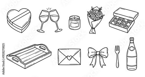 Set of hand-drawn romantic icons for Valentine's Day including a heart-shaped box, chocolates, wine glasses, flowers, and a love letter in a simple black and white doodle style