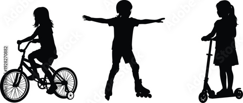 Active children riding bicycle, roller skating, and kick scooter silhouettes, kids outdoor sports activity set, childhood physical play vector illustration