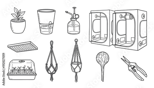 Collection of black and white line art icons for indoor gardening and plant care, including a grow tent, grow light, seedling tray, macrame hanger, and pruning shears