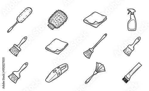 Collection of hand-drawn cleaning tools including a duster, brushes, spray bottle, and vacuum cleaner in a simple black and white doodle style illustration