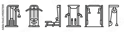 Set of six black outline icons illustrating various gym cable machines for strength training, including lat pulldown and crossover, in a minimal vector graphic style