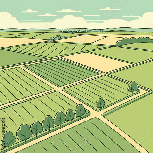 Top-down aerial view illustration of a cultivated agricultural landscape with geometric fields, roads, and scattered trees under a soft sky.