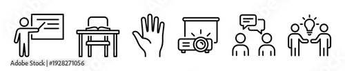Set of black linear icons for education and business seminars, including a teacher, school desk, raised hand, projector, discussion, and collaborative brainstorming symbol