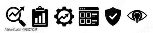 Set of black business performance icons representing data analysis, growth strategy, process optimization, security, and creative vision in a minimalist glyph style