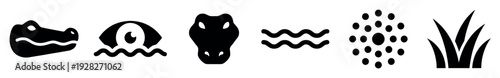 Set of black vector-style icons showing an alligator head from the side and front, an eye peeking from water, waves, water spray, and marsh grass silhouettes