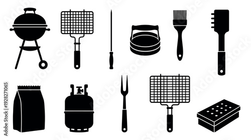 Collection of black barbecue grill icons featuring a kettle grill, propane tank, charcoal, spatula, fork, and other cooking tools in a minimalist silhouette vector style